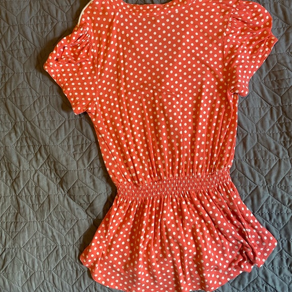 Salmon colored polka dot blouse. Super cute & flattering. - Picture 2 of 4